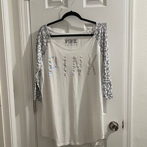 PINK Victoria's Secret White Top with Gray Leopard Sleeves